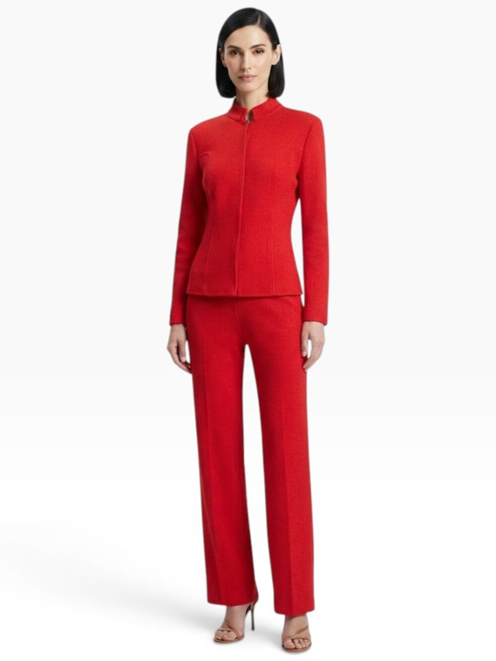 St. John Red Wool Blend Knit Suit Pants and Mandarin Collar Jacket Set New NWT 6